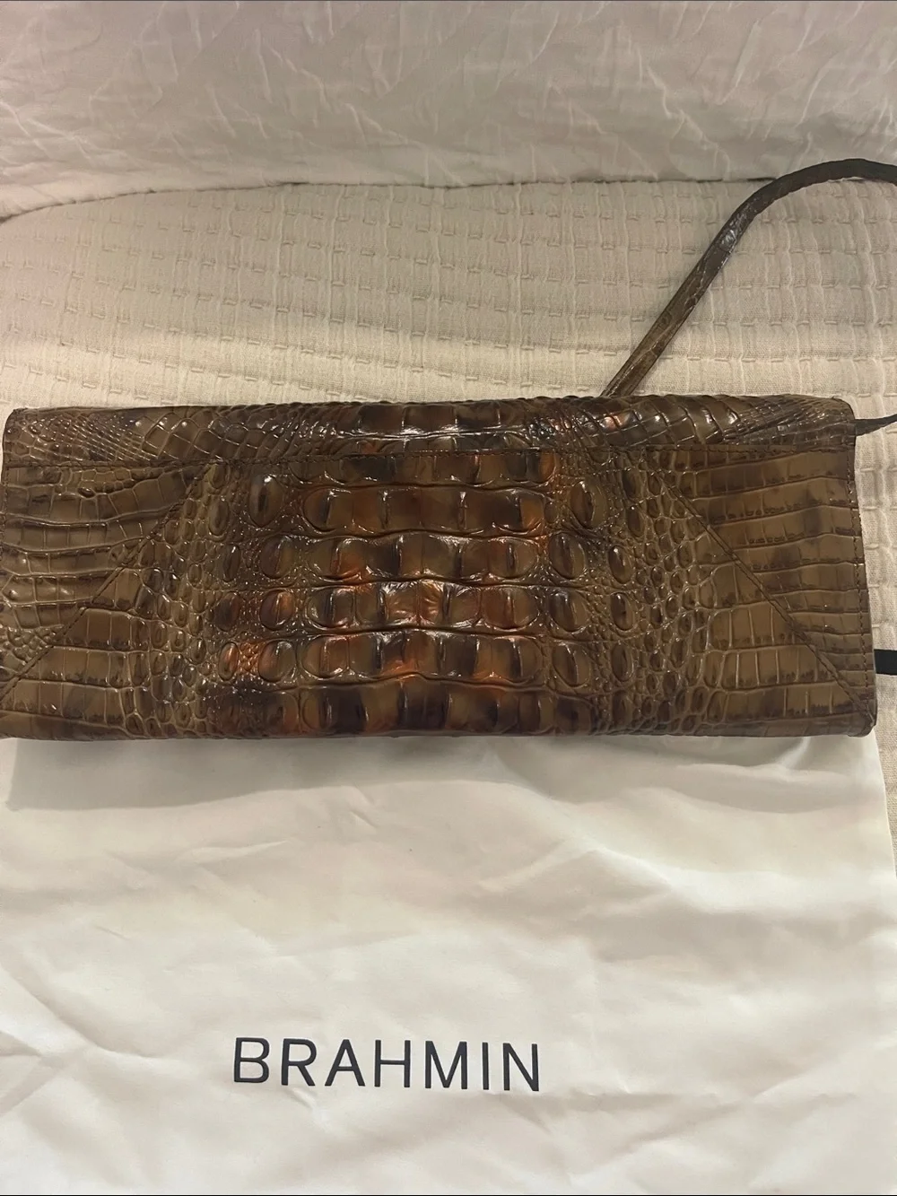 Brahmin Brown Croc-Embossed Leather Clutch with Gold Bar